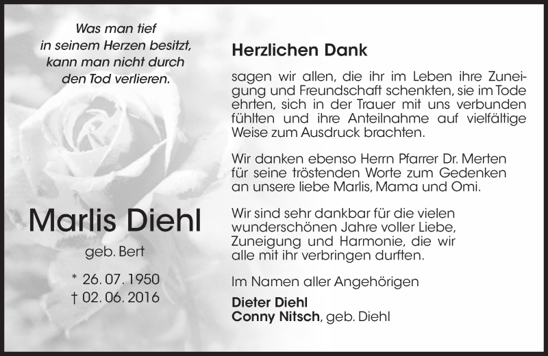  Traueranzeige für Marlis Diehl vom 25.06.2016 aus Trauerportal Rhein Main Presse