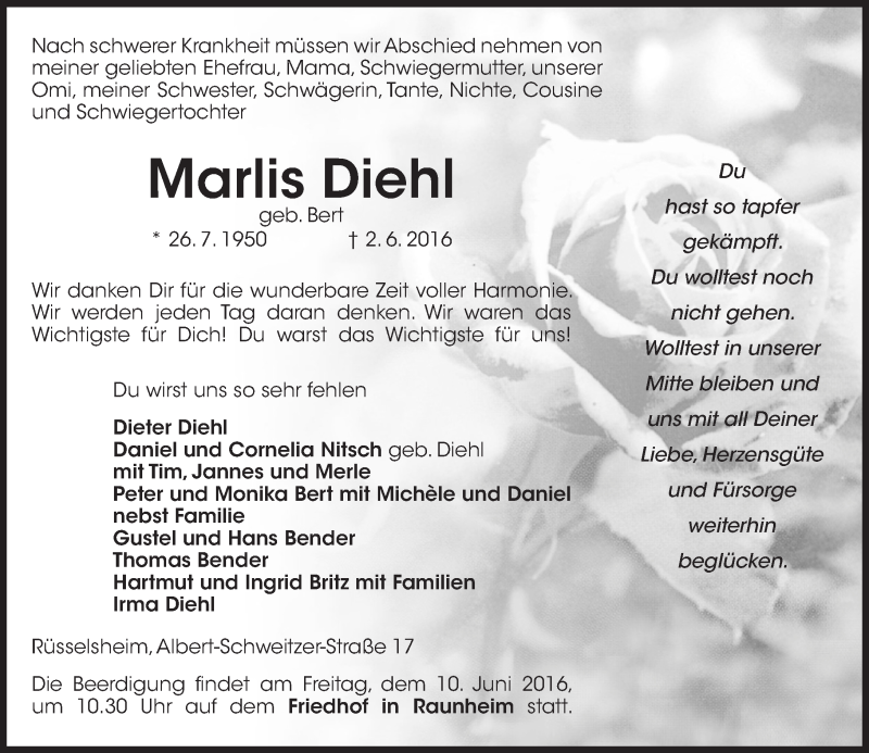  Traueranzeige für Marlis Diehl vom 04.06.2016 aus  Mainspitze
