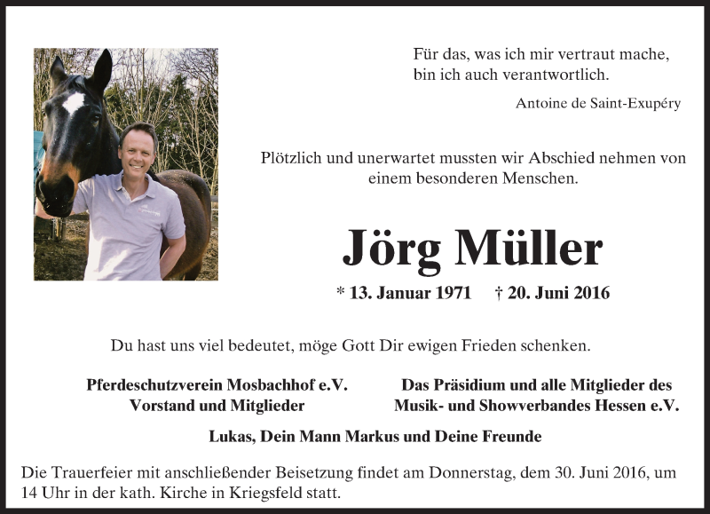  Traueranzeige für Jörg Müller vom 25.06.2016 aus Trauerportal Rhein Main Presse