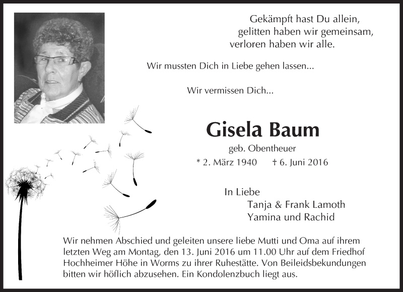  Traueranzeige für Gisela Baum vom 10.06.2016 aus  Wormser Zeitung