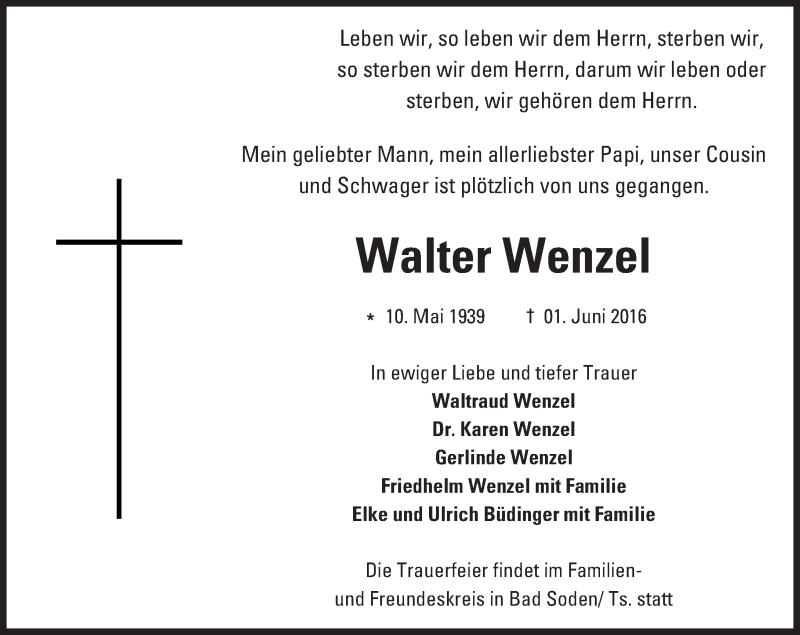  Traueranzeige für Walter Wenzel vom 11.06.2016 aus Trauerportal Echo Online