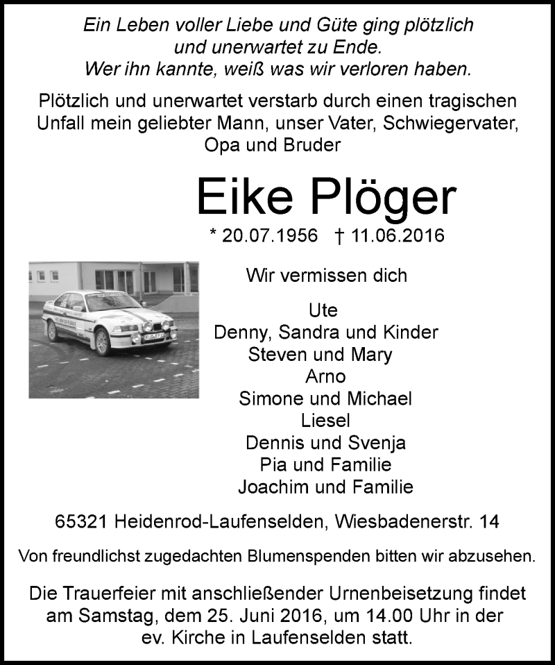  Traueranzeige für Eike Plöger vom 18.06.2016 aus Trauerportal Rhein Main Presse