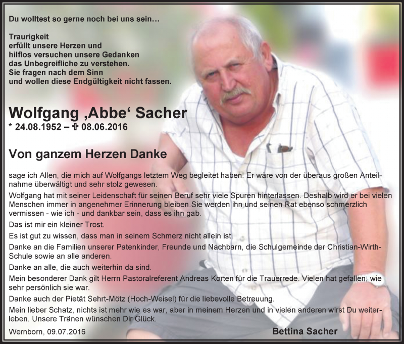  Traueranzeige für Wolfgang Sacher vom 09.07.2016 aus  Usinger Anzeiger
