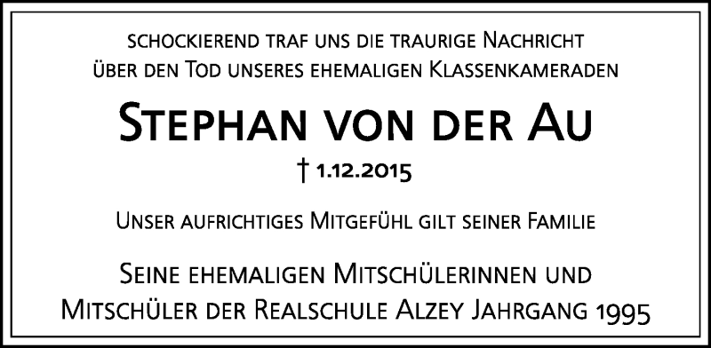  Traueranzeige für Stephan von der Au vom 05.12.2015 aus  Allgemeine Zeitung Alzey