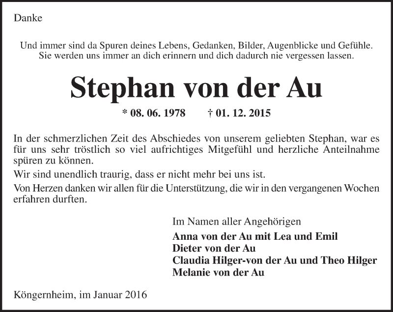  Traueranzeige für Stephan von der Au vom 30.01.2016 aus  Allgemeine Zeitung Mainz