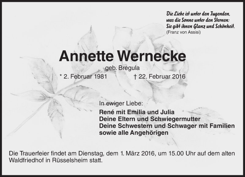  Traueranzeige für Annette Wernecke vom 27.02.2016 aus trauer.echo-online.de