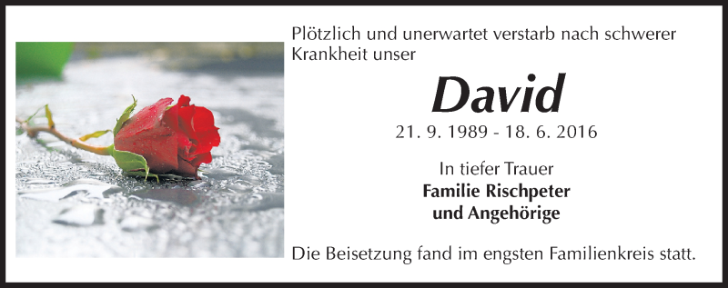  Traueranzeige für David  vom 14.07.2016 aus Trauerportal Rhein Main Presse