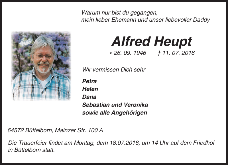  Traueranzeige für Alfred Heupt vom 14.07.2016 aus Trauerportal Echo Online