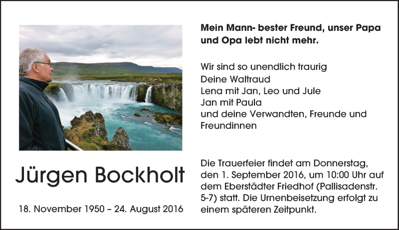  Traueranzeige für Jürgen Bockholt vom 27.08.2016 aus Trauerportal Echo Online
