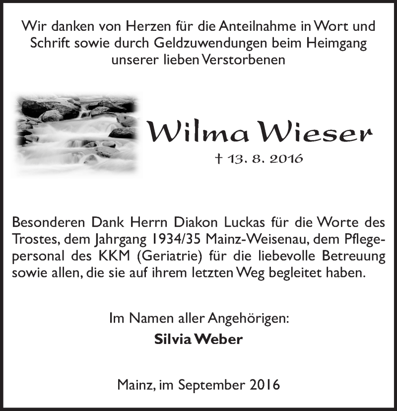  Traueranzeige für Wilma Wieser vom 17.09.2016 aus Trauerportal Rhein Main Presse