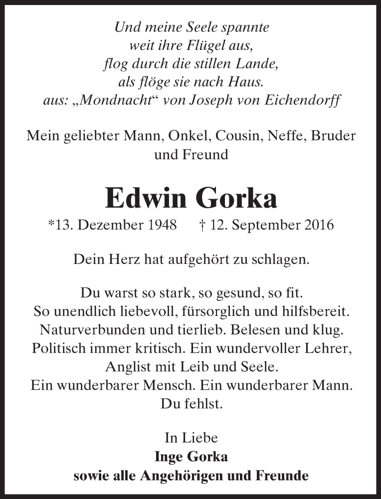  Traueranzeige für Edwin Gorka vom 17.09.2016 aus Trauerportal Echo Online