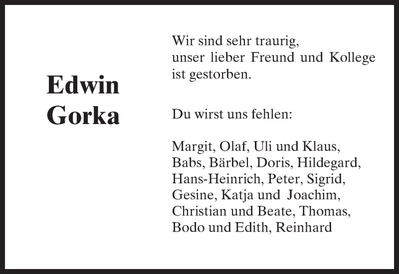  Traueranzeige für Edwin Gorka vom 17.09.2016 aus Trauerportal Rhein Main Presse