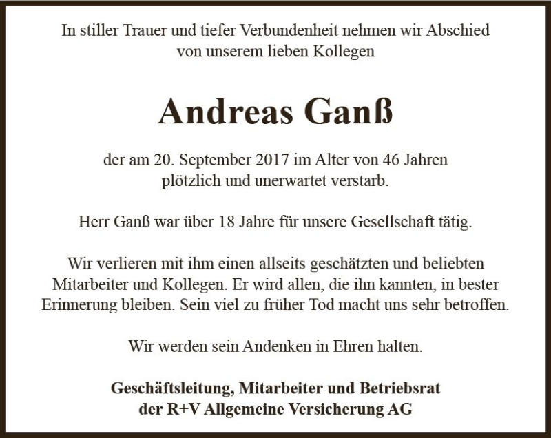  Traueranzeige für Andreas Ganß vom 09.10.2017 aus Trauerportal Rhein Main Presse
