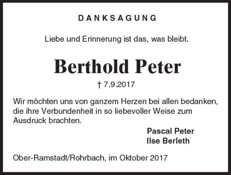  Traueranzeige für Berthold Peter vom 21.10.2017 aus Trauerportal Echo Online