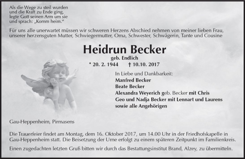  Traueranzeige für Heidrun Becker vom 11.10.2017 aus Trauerportal Rhein Main Presse