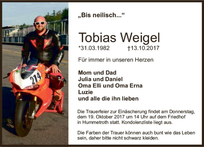  Traueranzeige für Tobias Weigel vom 18.10.2017 aus Trauerportal Echo Online