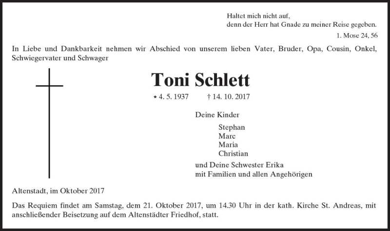  Traueranzeige für Toni Schlett vom 17.10.2017 aus  Kreisanzeiger