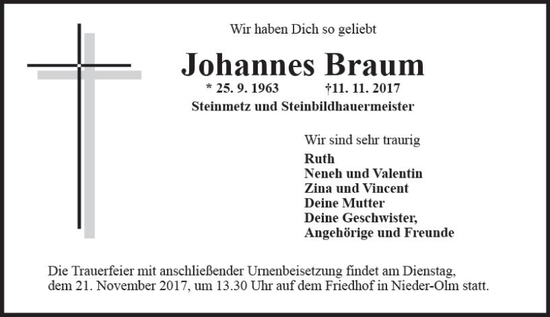  Traueranzeige für Johannes Braum vom 15.11.2017 aus Trauerportal Rhein Main Presse