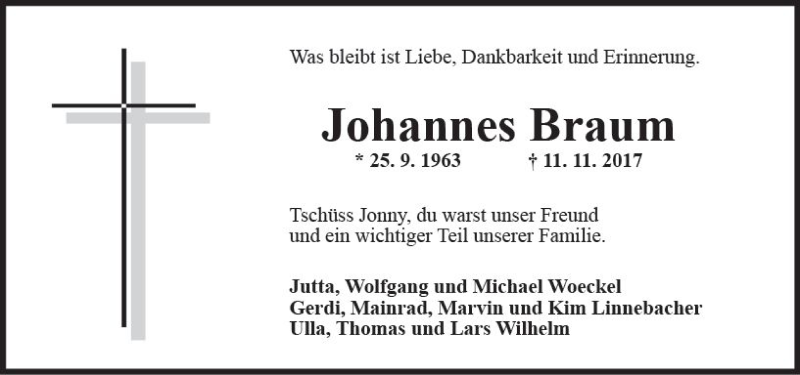  Traueranzeige für Johannes Braum vom 15.11.2017 aus Trauerportal Rhein Main Presse