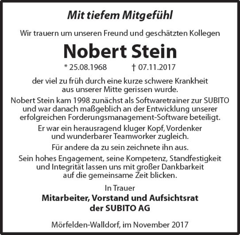  Traueranzeige für Norbert Stein vom 18.11.2017 aus Trauerportal Rhein Main Presse
