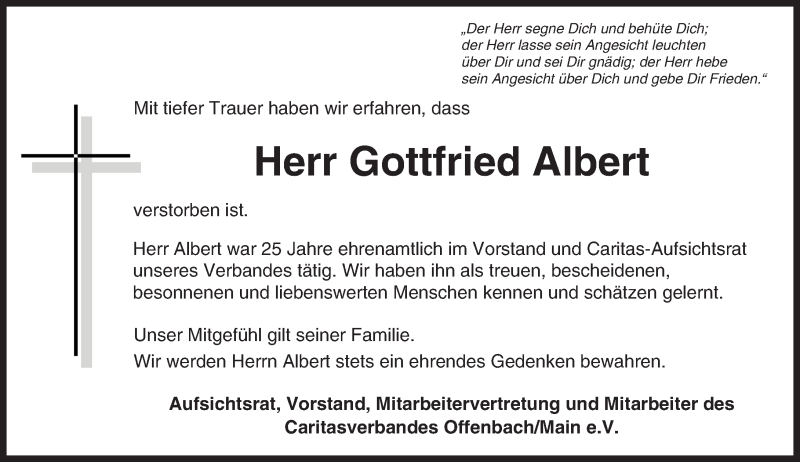  Traueranzeige für Gottfried Albert vom 11.02.2017 aus Trauerportal Rhein Main Presse
