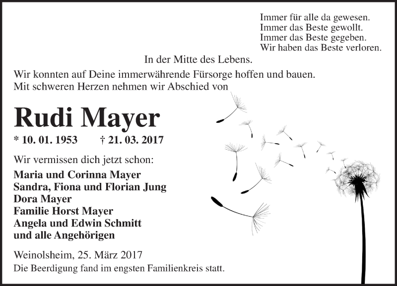  Traueranzeige für Rudi Mayer vom 25.03.2017 aus  Landskrone