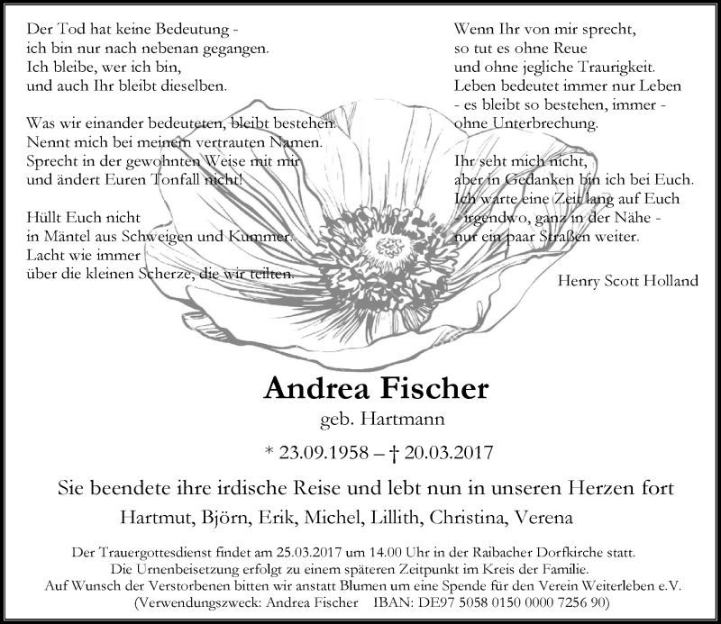  Traueranzeige für Andrea Fischer vom 22.03.2017 aus Trauerportal Echo Online