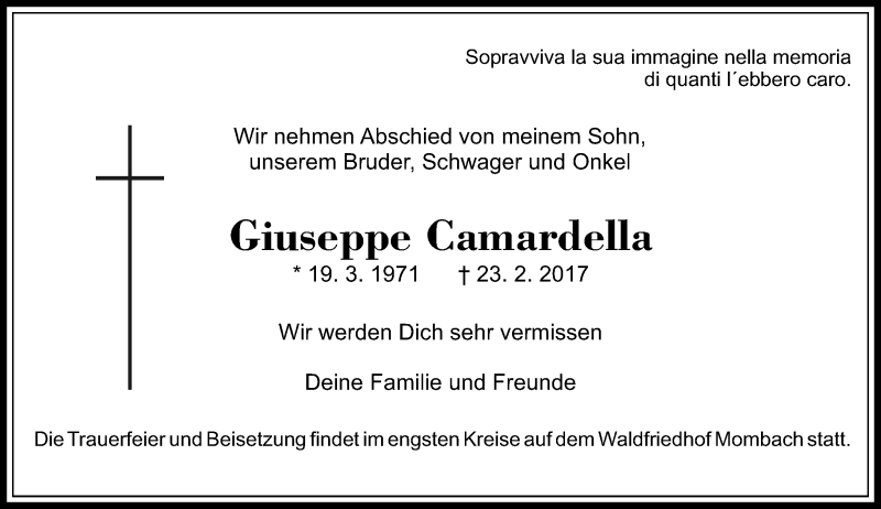  Traueranzeige für Giuseppe Camardella vom 11.03.2017 aus Trauerportal Rhein Main Presse