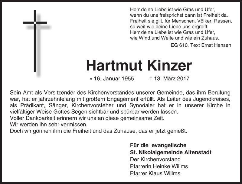  Traueranzeige für Hartmut Kinzer vom 17.03.2017 aus  Kreisanzeiger