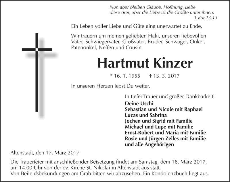  Traueranzeige für Hartmut Kinzer vom 17.03.2017 aus  Kreisanzeiger
