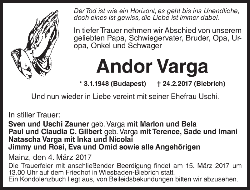  Traueranzeige für Andor Varga vom 04.03.2017 aus Trauerportal Rhein Main Presse