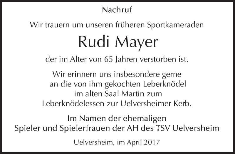  Traueranzeige für Rudi Mayer vom 13.04.2017 aus Trauerportal Rhein Main Presse