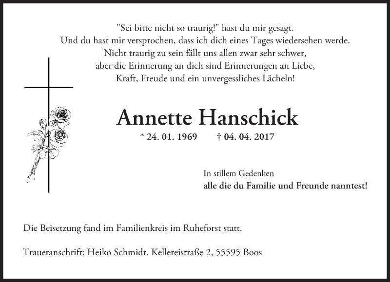  Traueranzeige für Annette Hanschick vom 25.04.2017 aus Trauerportal Rhein Main Presse