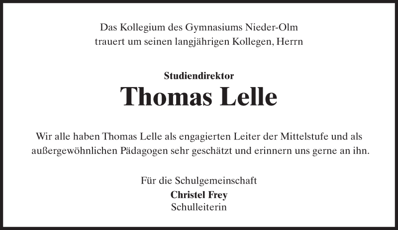  Traueranzeige für Thomas Lelle vom 18.04.2017 aus Trauerportal Rhein Main Presse