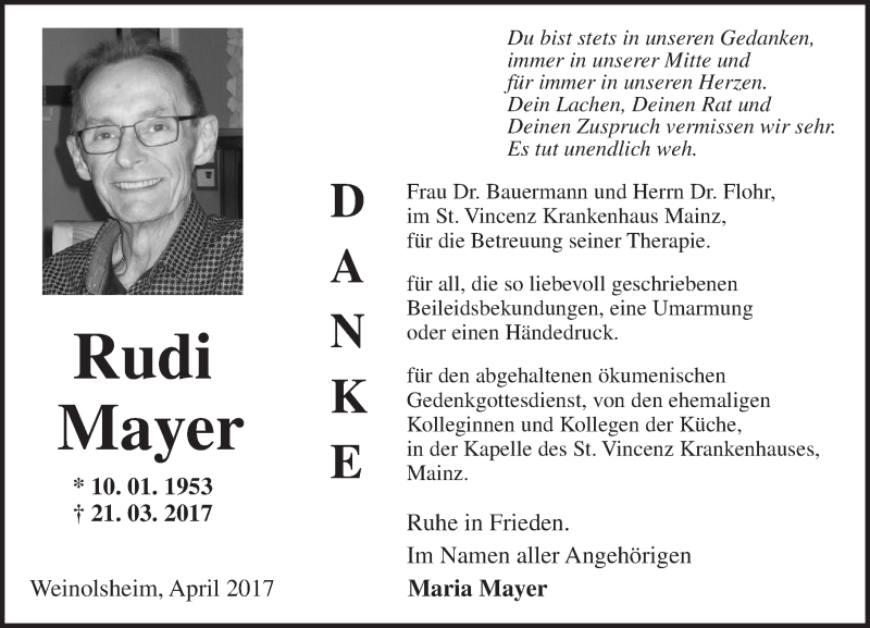  Traueranzeige für Rudi Mayer vom 26.04.2017 aus Trauerportal Rhein Main Presse