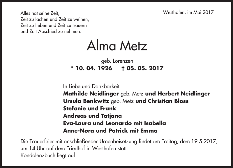  Traueranzeige für Alma Metz vom 15.05.2017 aus Trauerportal Rhein Main Presse