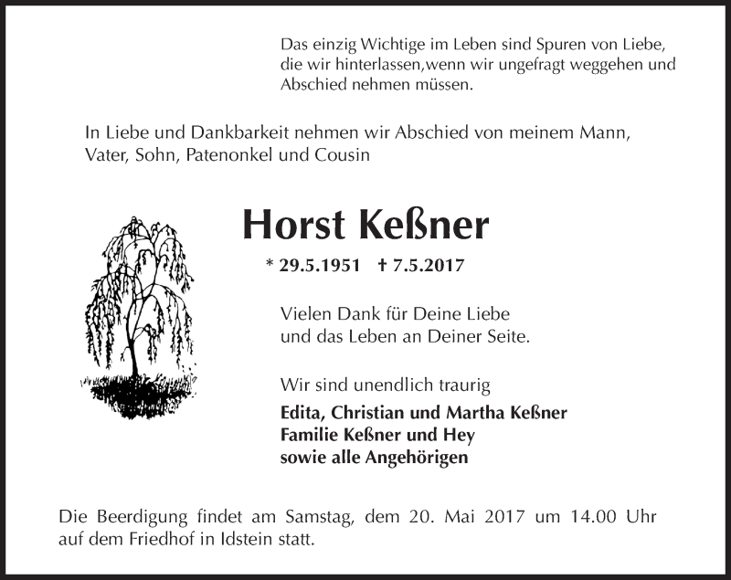  Traueranzeige für Horst Keßner vom 13.05.2017 aus Trauerportal Rhein Main Presse