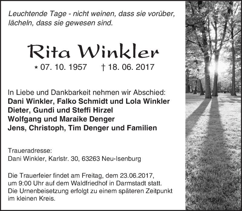  Traueranzeige für Rita Winkler vom 21.06.2017 aus Trauerportal Echo Online