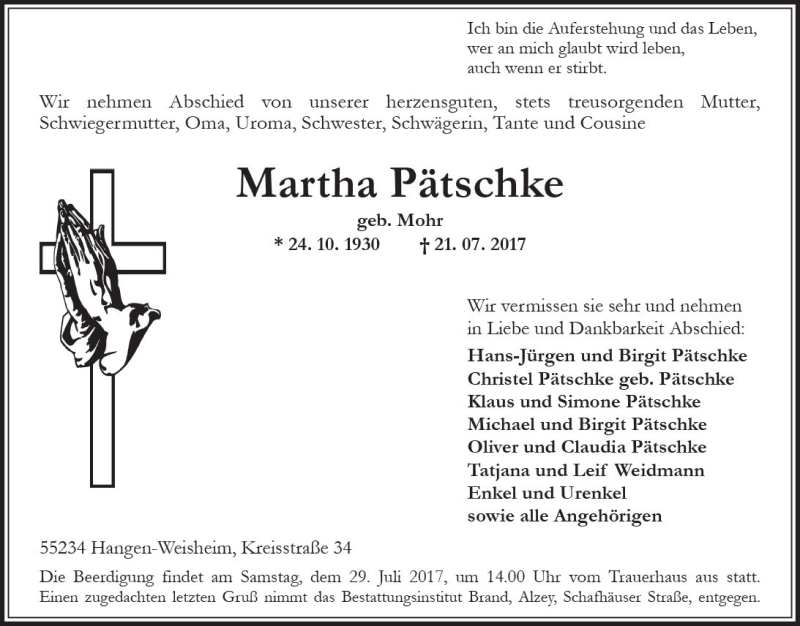  Traueranzeige für Martha Pätschke vom 25.07.2017 aus Trauerportal Rhein Main Presse