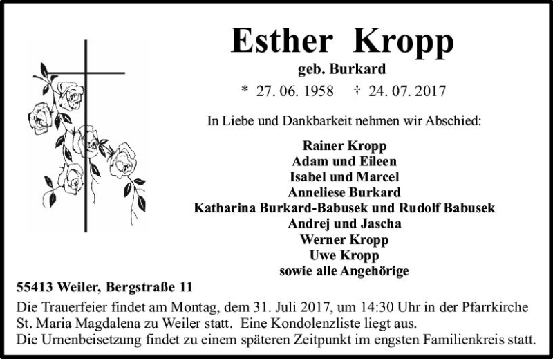  Traueranzeige für Esther Kropp vom 27.07.2017 aus Trauerportal Rhein Main Presse