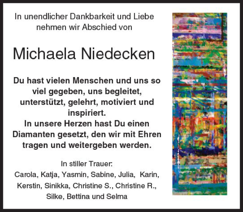  Traueranzeige für Michaela Niedecken vom 08.07.2017 aus Trauerportal Rhein Main Presse