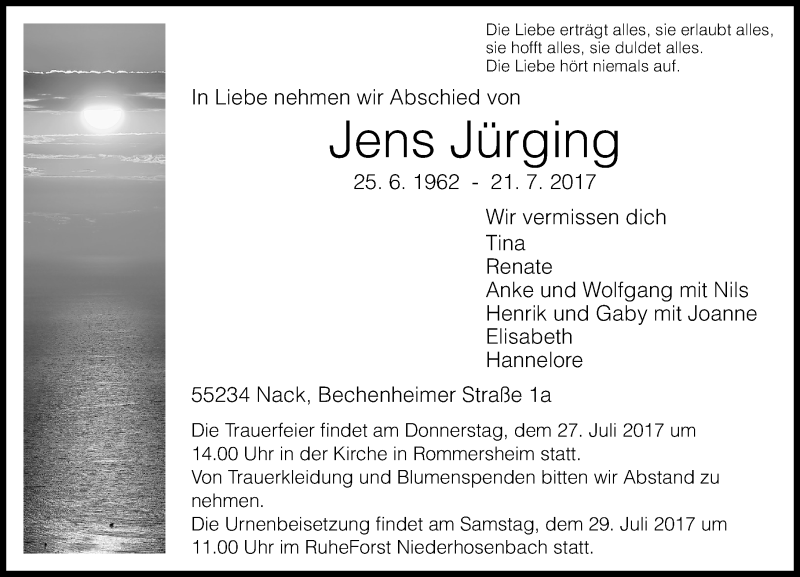  Traueranzeige für Jens Jürging vom 24.07.2017 aus Trauerportal Rhein Main Presse