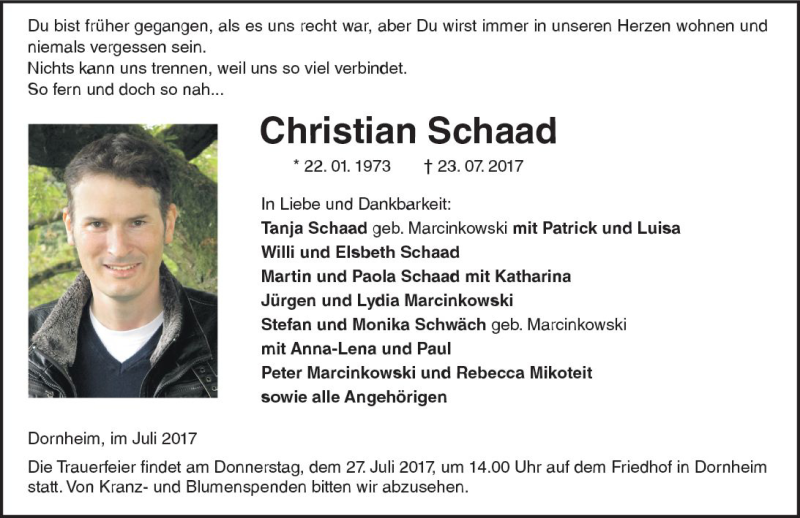  Traueranzeige für Christian Schaad vom 26.07.2017 aus Trauerportal Echo Online