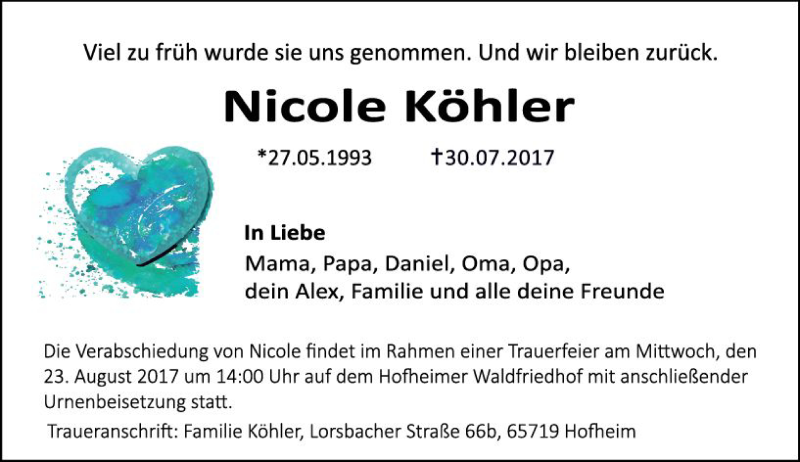  Traueranzeige für Nicole Köhler vom 18.08.2017 aus Trauerportal Rhein Main Presse