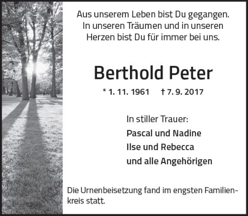  Traueranzeige für Berthold Peter vom 23.09.2017 aus Trauerportal Echo Online