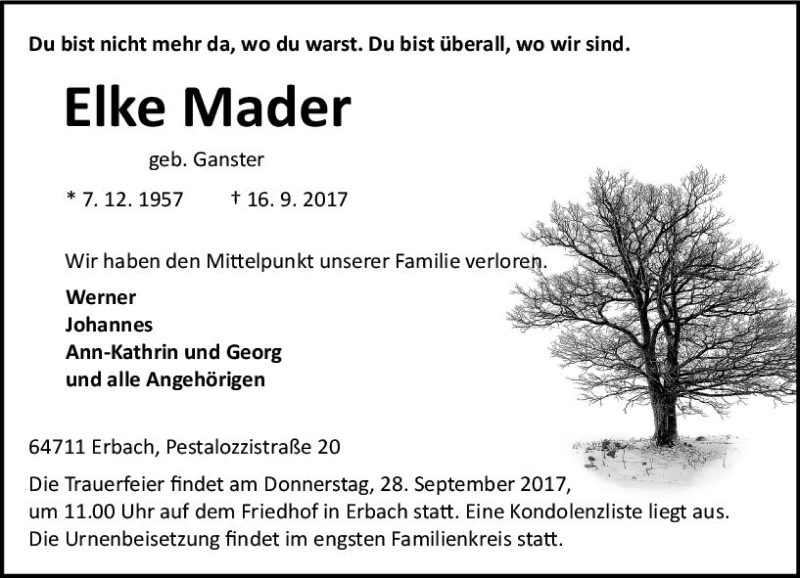  Traueranzeige für Elke Mader vom 22.09.2017 aus Trauerportal Echo Online