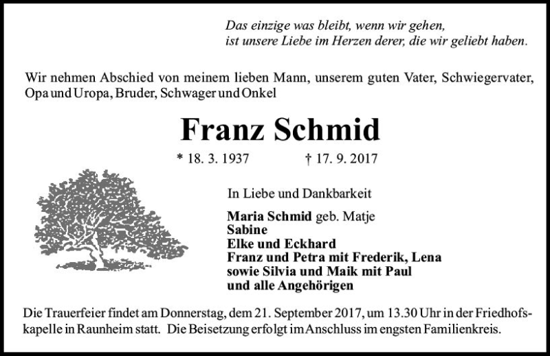  Traueranzeige für Franz Schmid vom 19.09.2017 aus Trauerportal Rhein Main Presse
