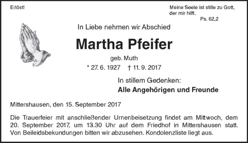 Traueranzeige für Martha Pfeifer vom 15.09.2017 aus Trauerportal Echo Online
