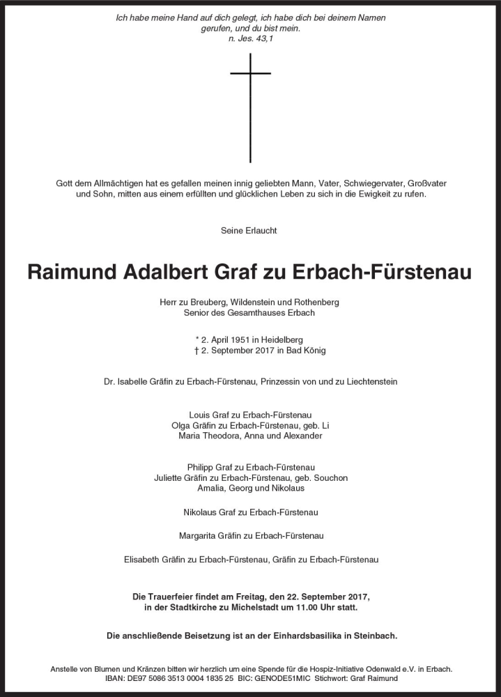  Traueranzeige für Raimund Adalbert Graf zu Erbach-Fürstenau vom 09.09.2017 aus Trauerportal Echo Online