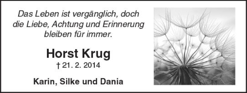  Traueranzeige für Horst Krug vom 21.02.2018 aus Trauerportal Rhein Main Presse